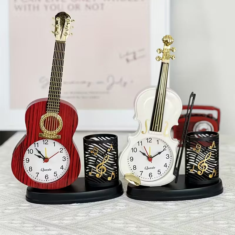 Violin Shaped Alarm Clock with Pen Holder Unique Home and Bedroom Clock Decor