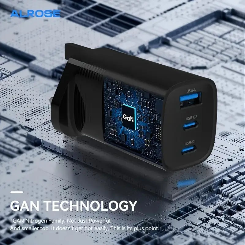 Black USB charger with GAN technology on a circuit board background