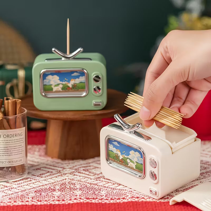 Retro TV Toothpick Holder Automatic Pop Up Dispenser Plastic Toothpick Organizer for Dining