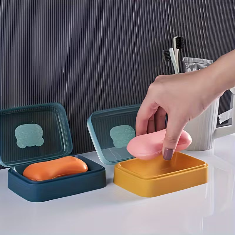 Cute Bear Flip Top Soap Dish with Drainage Tray Creative Plastic Soap Holder