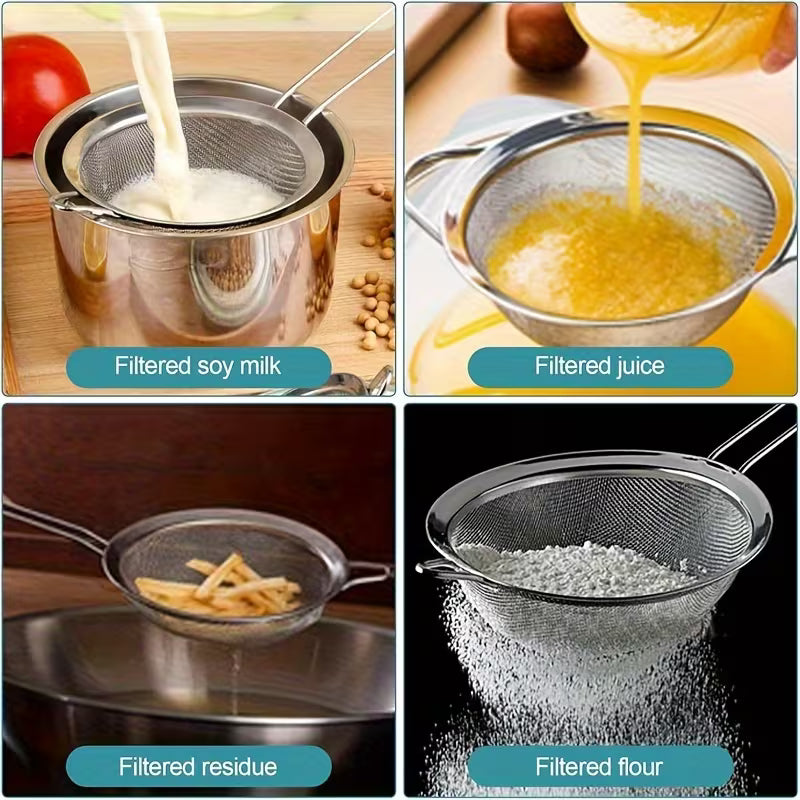 2 Piece Stainless Steel Fine Mesh Strainer with Handle Tea Juice Flour Kitchen Sifting Filter