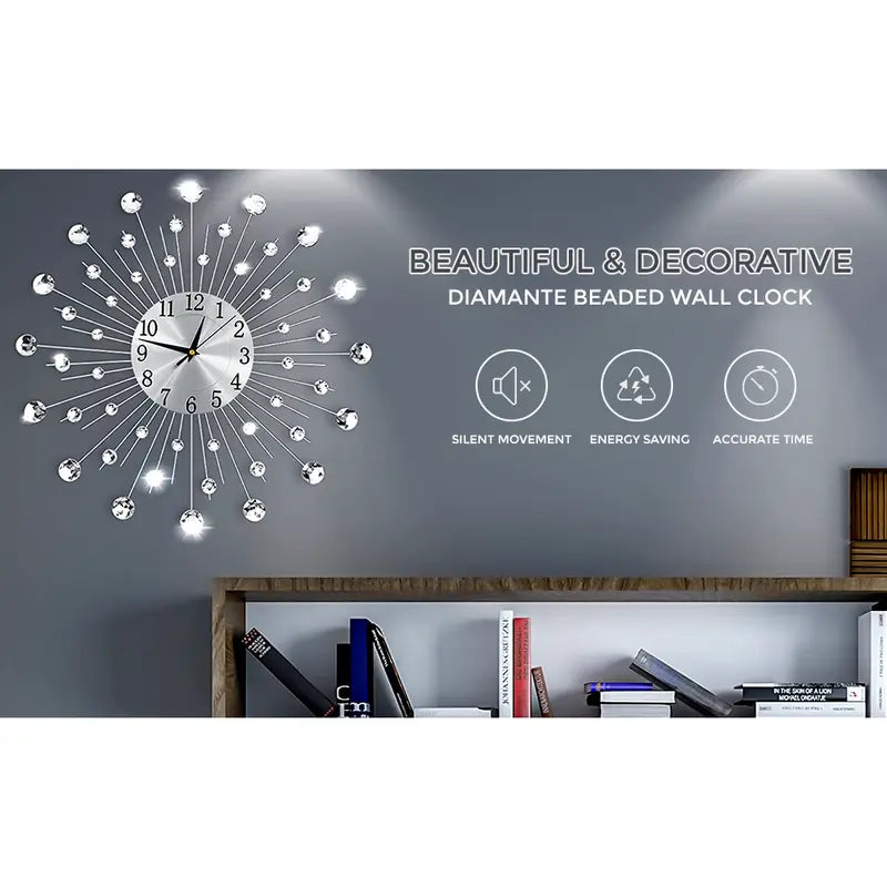 Luxury flower-shaped wall clock with sparkling crystal diamonds and silver frame