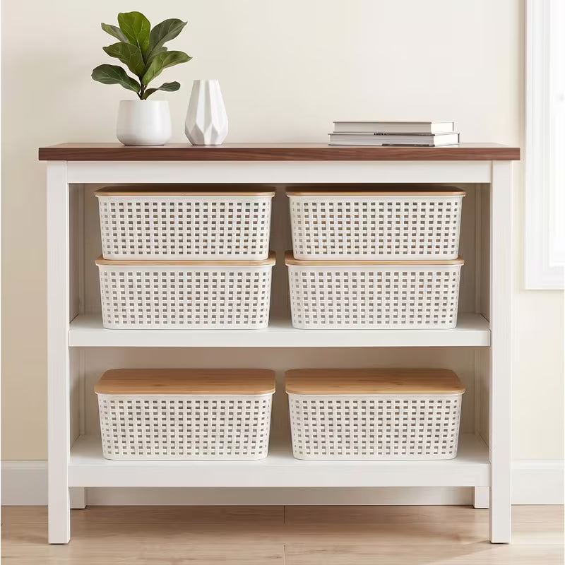White Stackable Storage Bins with Bamboo Lids Plastic Organiser Boxes for Home & Office