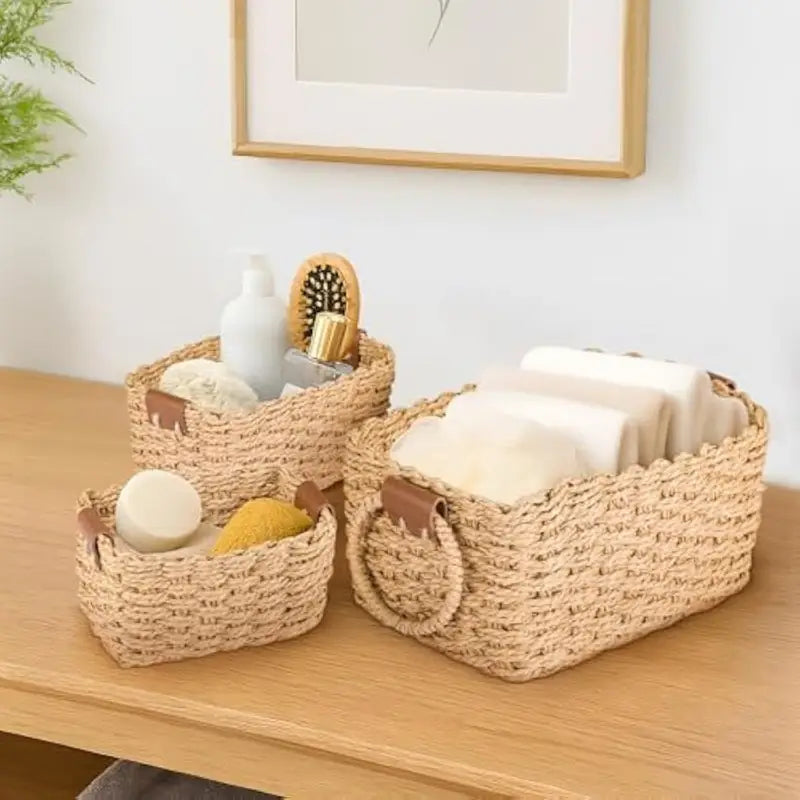 Woven Storage Basket Set with Handles 3PCS Cute Natural Paper Rope Organizer for Home Décor