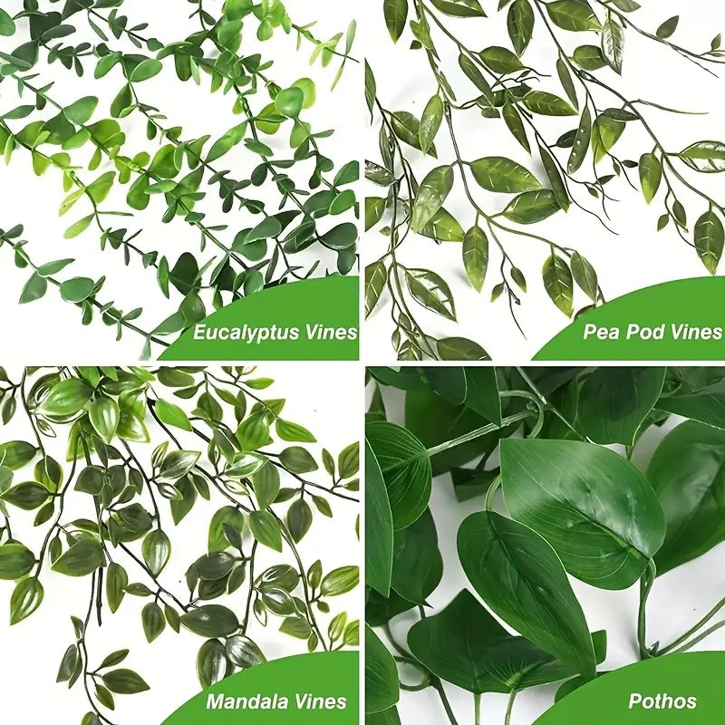 4-piece set of realistic fake wall-hanging plants with different leaf shapes and textures.
