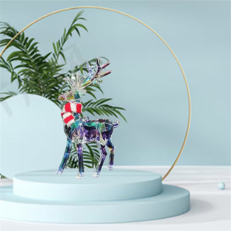 Clear Standing Elk Reindeer Figurine with Red & White Striped Scarf Iridescent Antlers Durable Plastic Christmas Decor Elegant Holiday Table top Desk Statue
