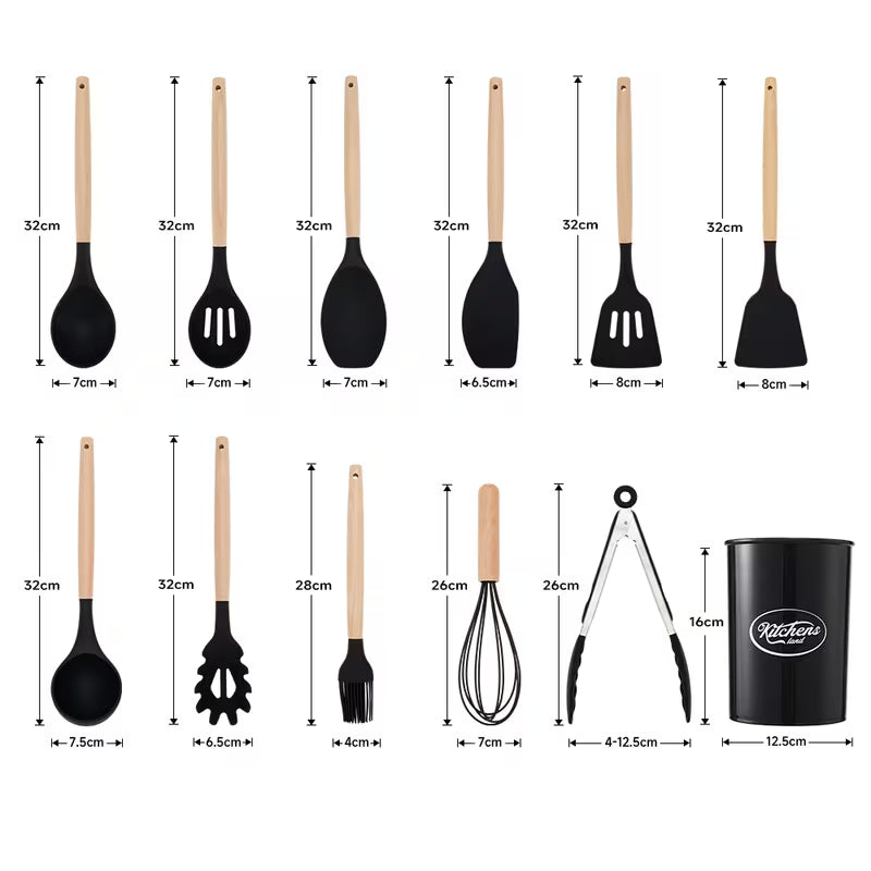11PCS Silicone Kitchen Utensil Set with Wooden Handles Heat Resistant Non Stick Cooking Tools