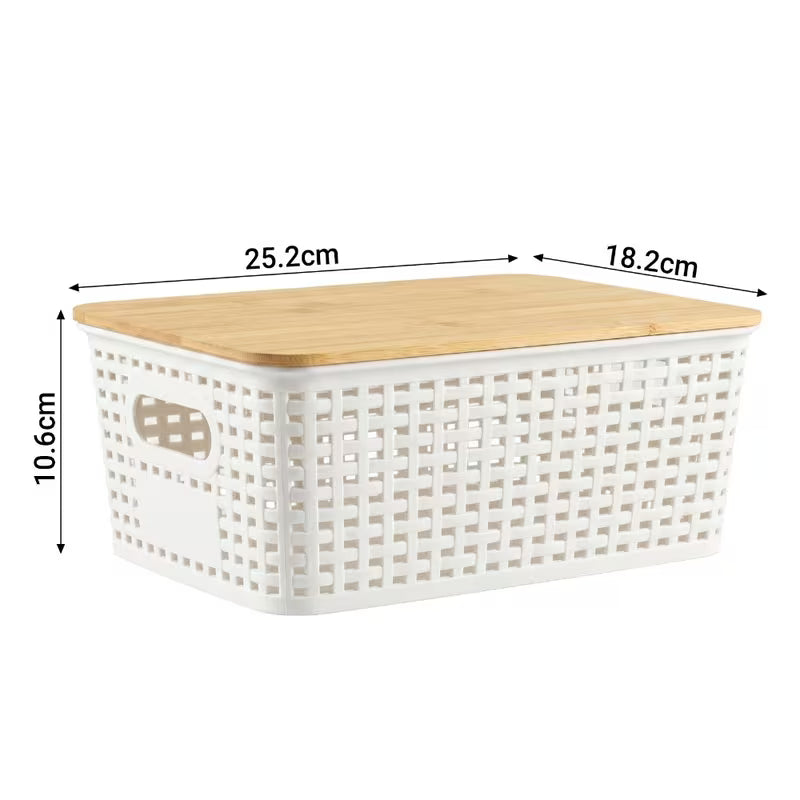 White Stackable Storage Bins with Bamboo Lids Plastic Organiser Boxes for Home & Office
