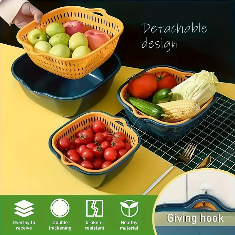 3PCS Fruit & Vegetable Washing Drain Basket Set for Kitchen Cleaning & Draining