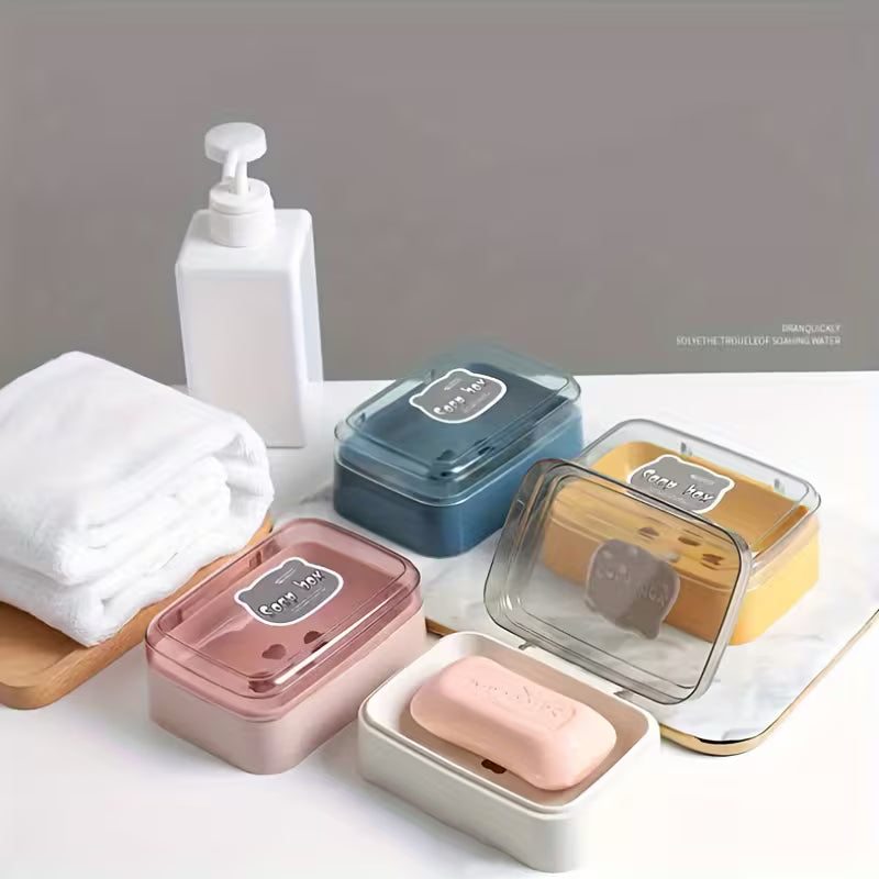 Cute Bear Flip Top Soap Dish with Drainage Tray Creative Plastic Soap Holder
