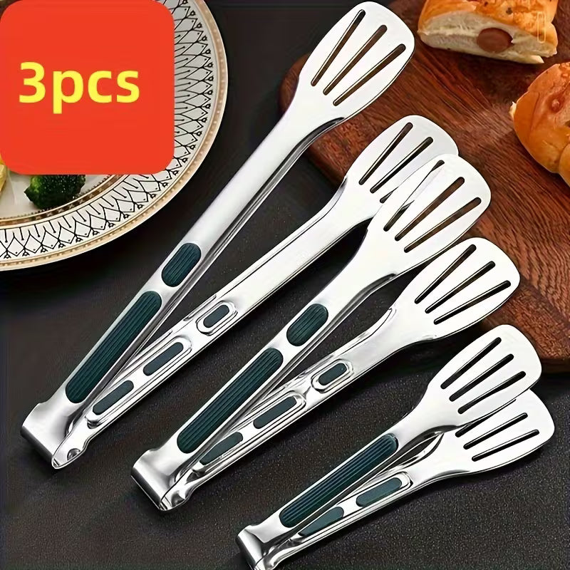 3PCS Stainless Steel Food Tongs with Silicone Handles | Heat Resistant BBQ & Buffet Clips