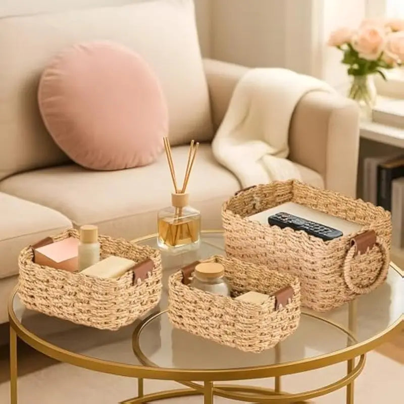 Woven Storage Basket Set with Handles 3PCS Cute Natural Paper Rope Organizer for Home Décor