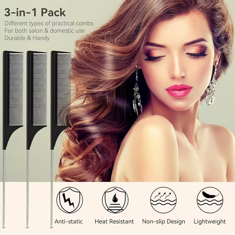 3 Pack Rat Tail Hair Comb Set Detangling Combs with Stainless Steel Pintail Professional Styling Tools for Sleek Parting