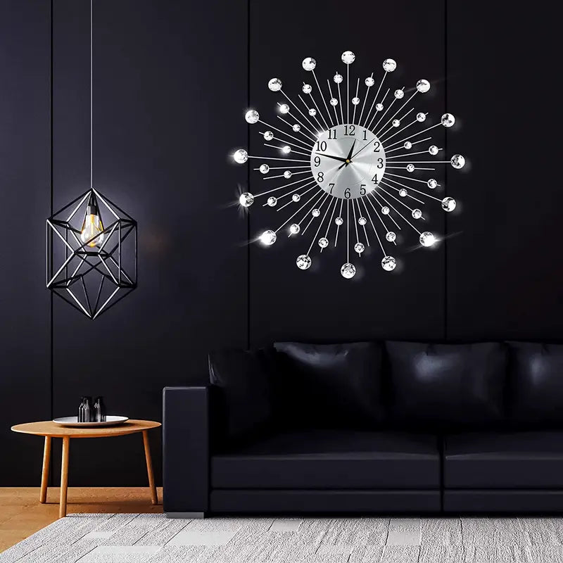Elegant 45cm silent metal wall clock with crystal accents for living room or bedroom