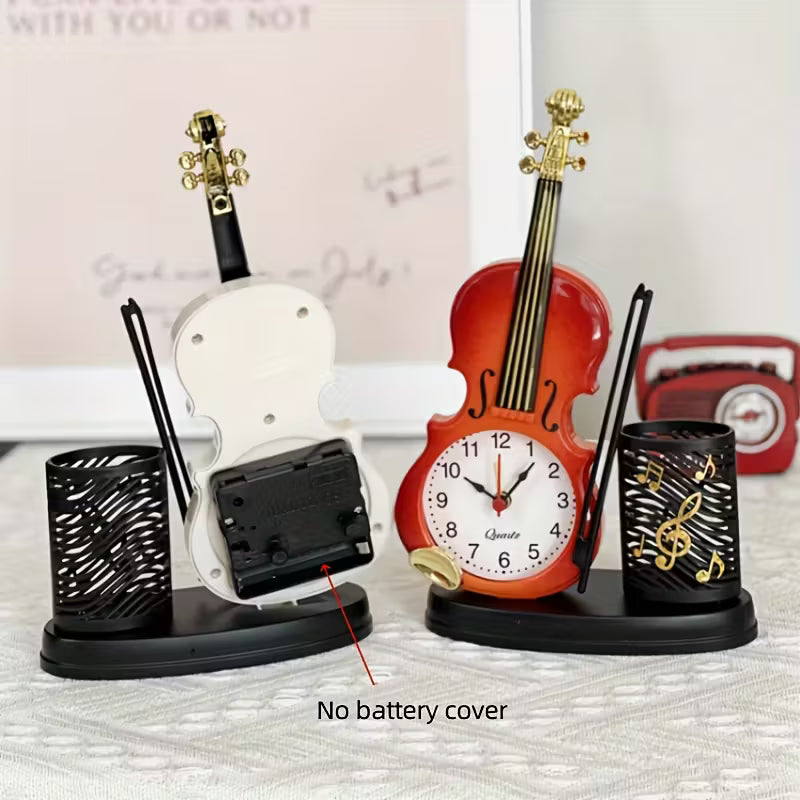 Violin Shaped Alarm Clock with Pen Holder Unique Home and Bedroom Clock Decor