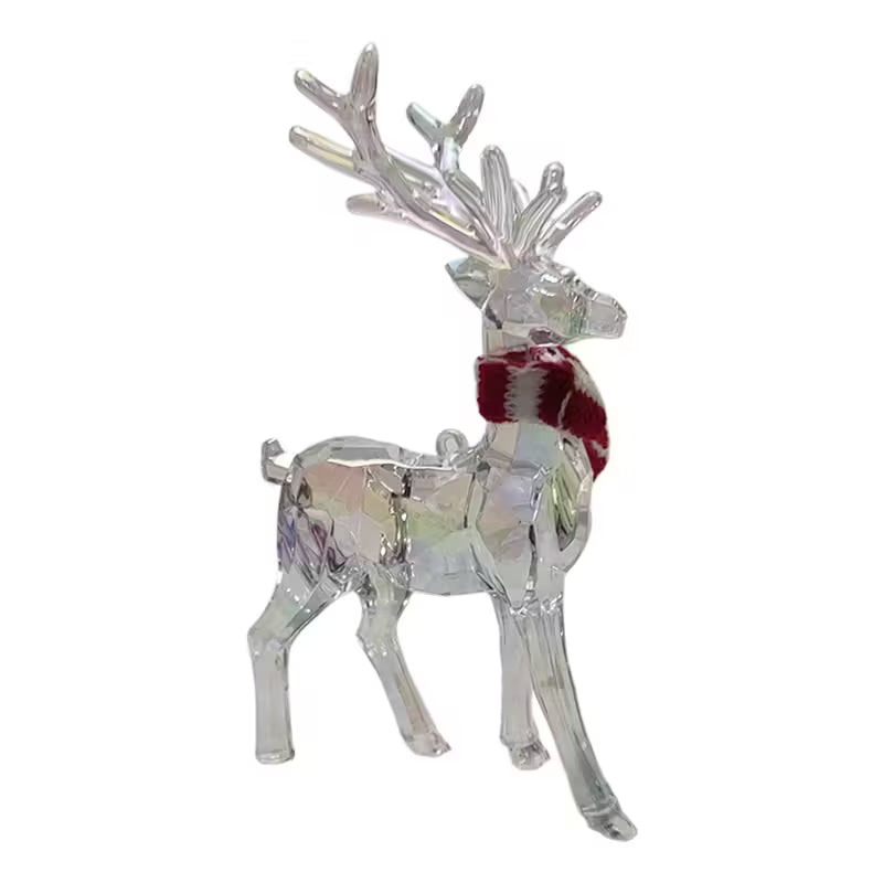 Clear Standing Elk Reindeer Figurine with Red & White Striped Scarf Iridescent Antlers Durable Plastic Christmas Decor Elegant Holiday Table top Desk Statue