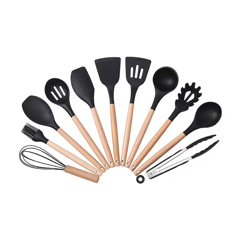 11PCS Silicone Kitchen Utensil Set with Wooden Handles Heat Resistant Non Stick Cooking Tools