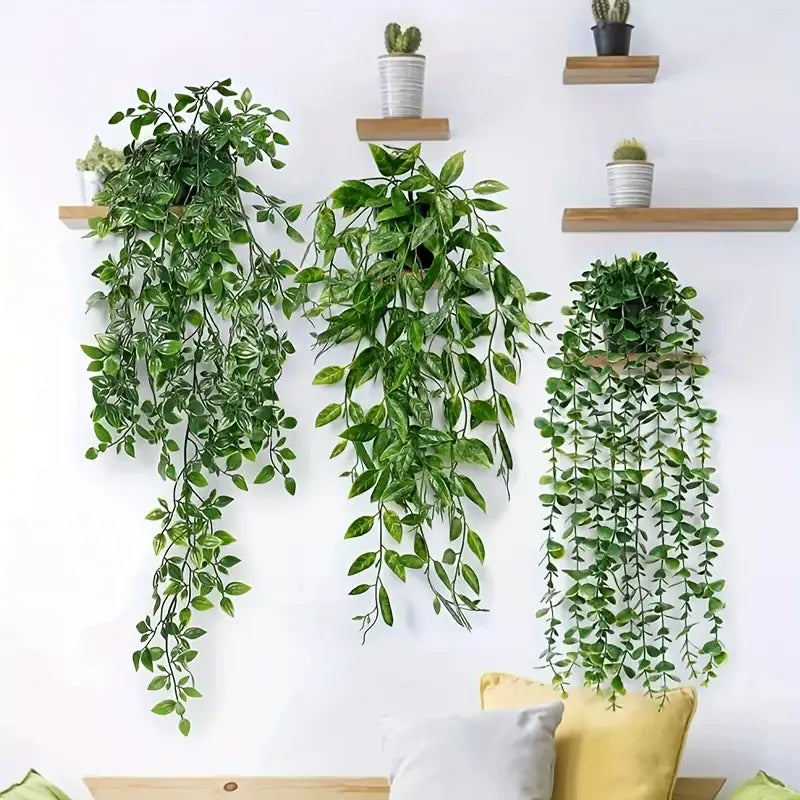 Dimensions of 4 fake trailing plants with pot sizes shown in centimetres and inches.