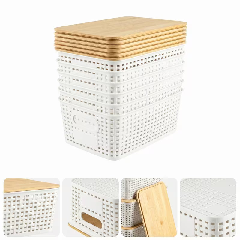 White Stackable Storage Bins with Bamboo Lids Plastic Organiser Boxes for Home & Office