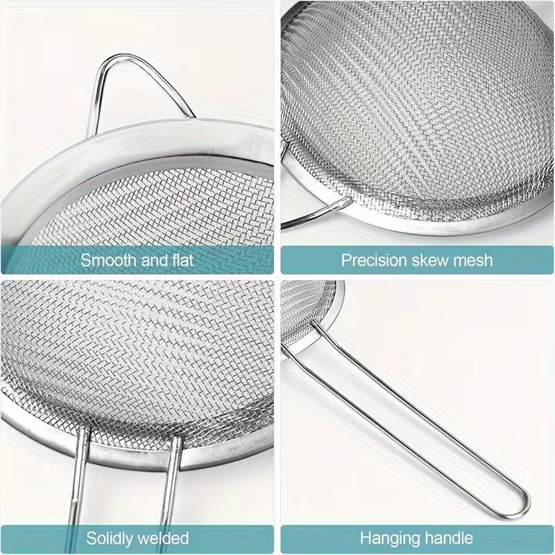 2 Piece Stainless Steel Fine Mesh Strainer with Handle Tea Juice Flour Kitchen Sifting Filter