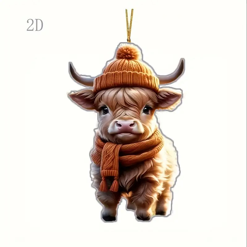 2D Cute Highland Cow Acrylic Pendant Flat Christmas Tree Decoration Home Decor