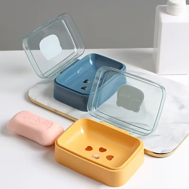 Cute Bear Flip Top Soap Dish with Drainage Tray Creative Plastic Soap Holder