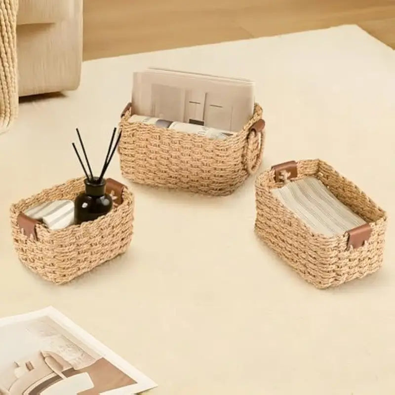 Woven Storage Basket Set with Handles 3PCS Cute Natural Paper Rope Organizer for Home Décor