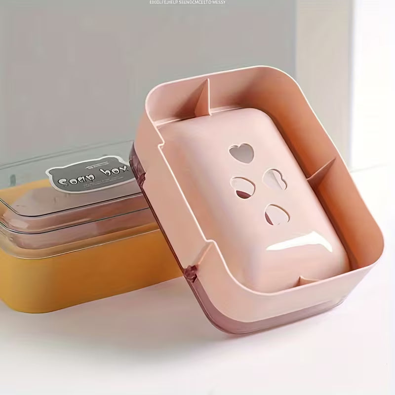 Cute Bear Flip Top Soap Dish with Drainage Tray Creative Plastic Soap Holder