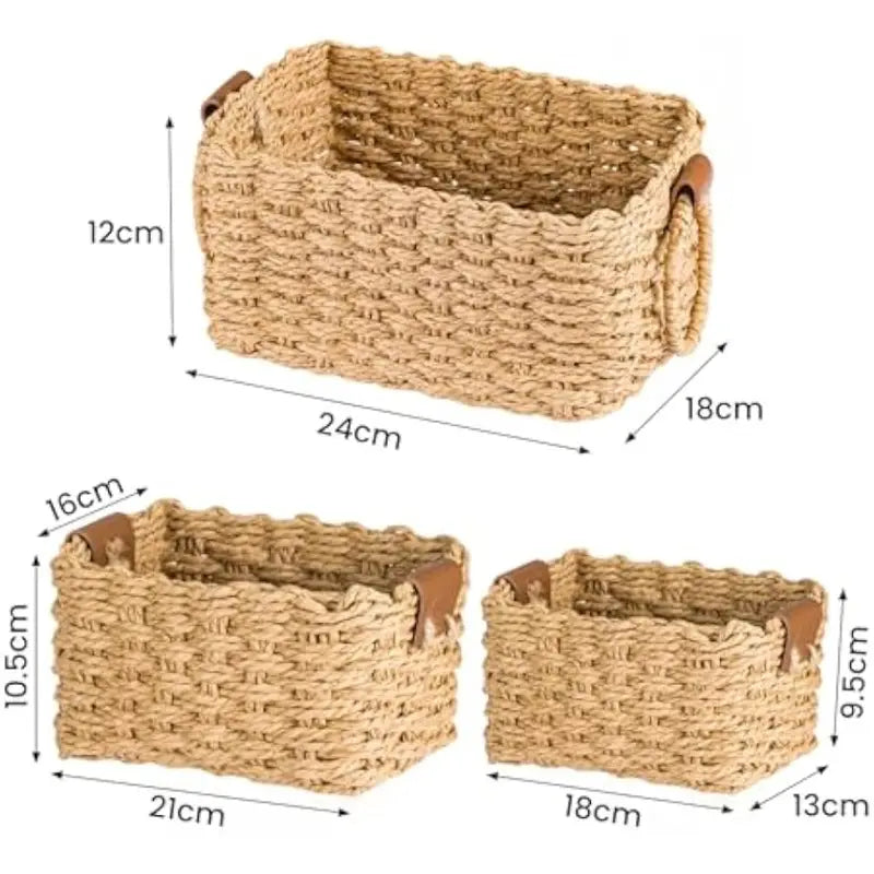 Woven Storage Basket Set with Handles 3PCS Cute Natural Paper Rope Organizer for Home Décor