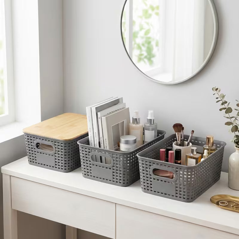 Grey Stackable Storage Bins with Bamboo Lids Plastic Organiser Boxes for Home & Office