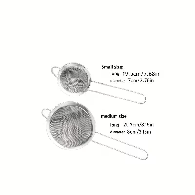 2 Piece Stainless Steel Fine Mesh Strainer with Handle Tea Juice Flour Kitchen Sifting Filter
