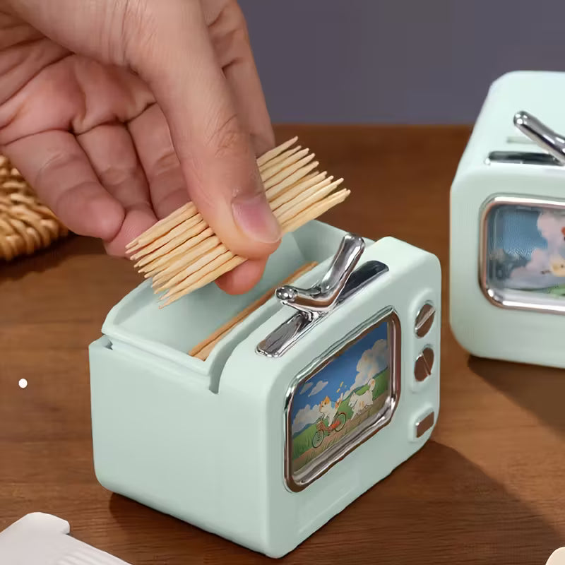 Retro TV Toothpick Holder Automatic Pop Up Dispenser Plastic Toothpick Organizer for Dining