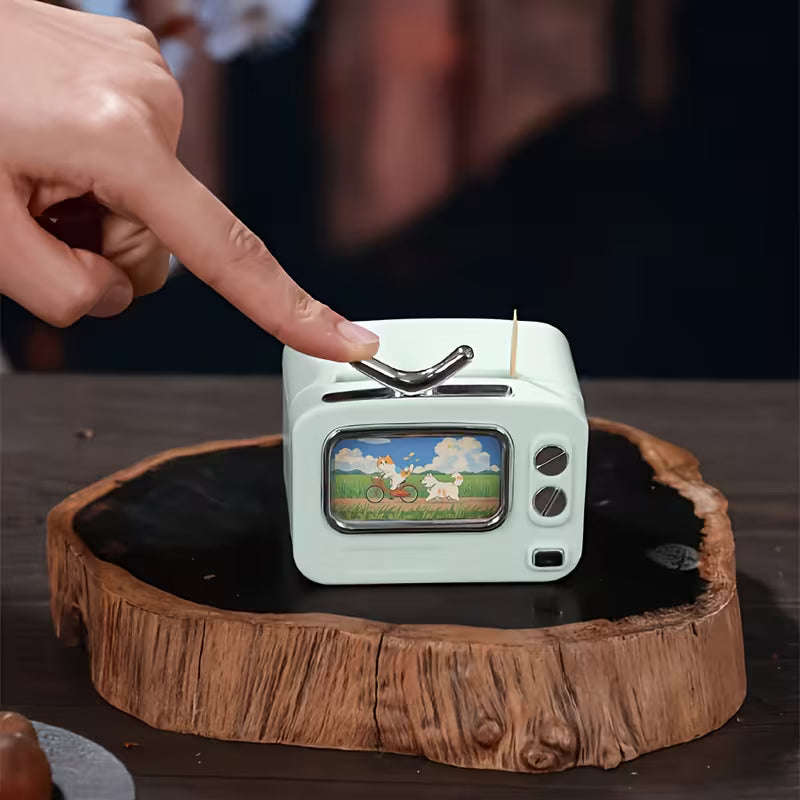 Retro TV Toothpick Holder Automatic Pop Up Dispenser Plastic Toothpick Organizer for Dining