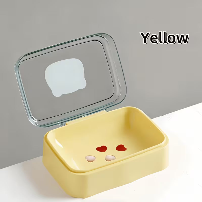 Cute Bear Flip Top Soap Dish with Drainage Tray Creative Plastic Soap Holder