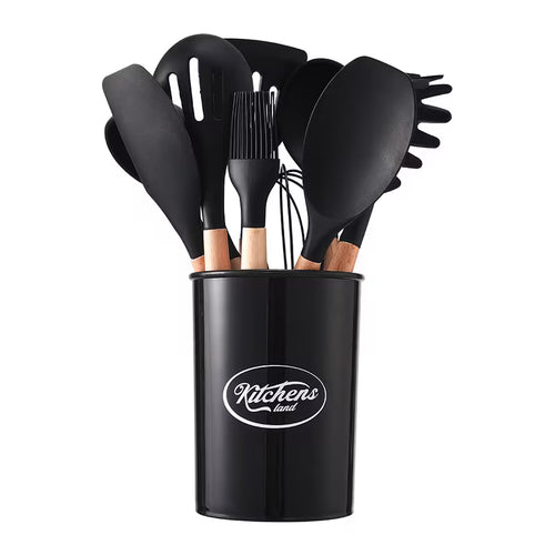 11PCS Silicone Kitchen Utensil Set with Wooden Handles Heat Resistant Non Stick Cooking Tools