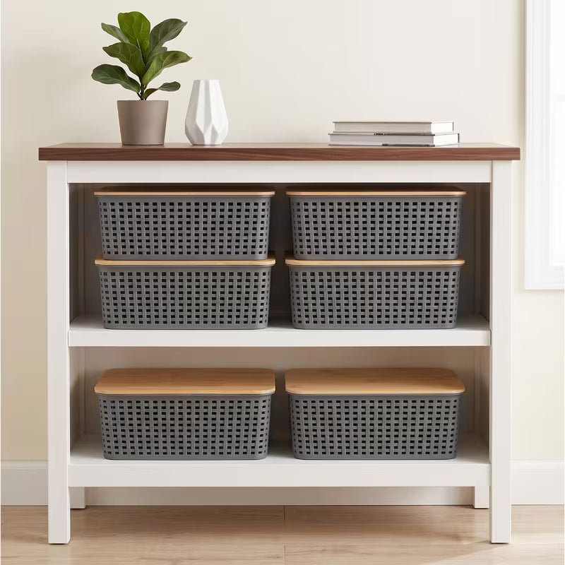 Grey Stackable Storage Bins with Bamboo Lids Plastic Organiser Boxes for Home & Office
