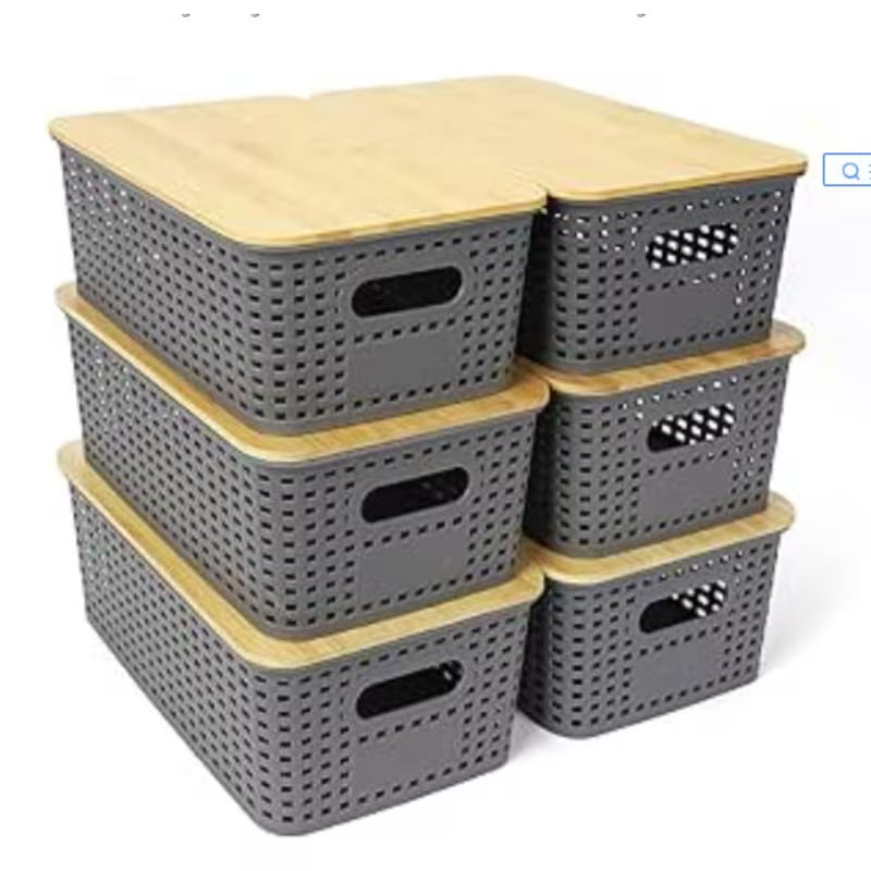 Grey Stackable Storage Bins with Bamboo Lids Plastic Organiser Boxes for Home & Office