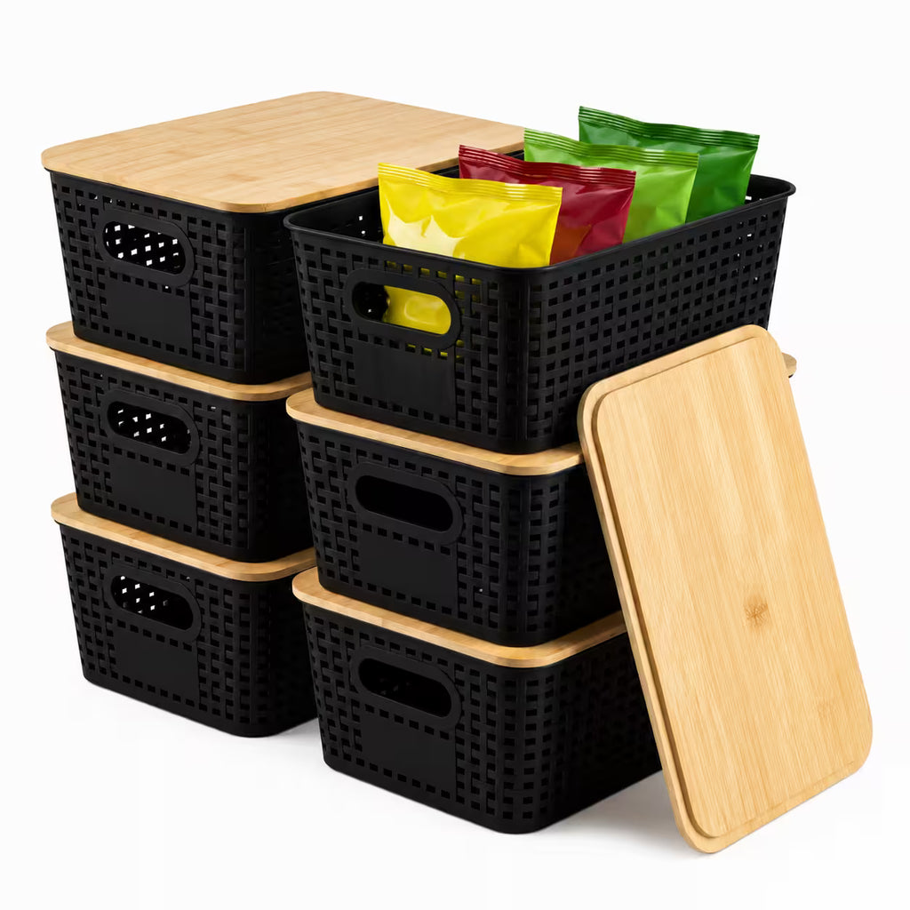 Black Stackable Storage Bins with Bamboo Lids Plastic Organiser Boxes for Home & Office