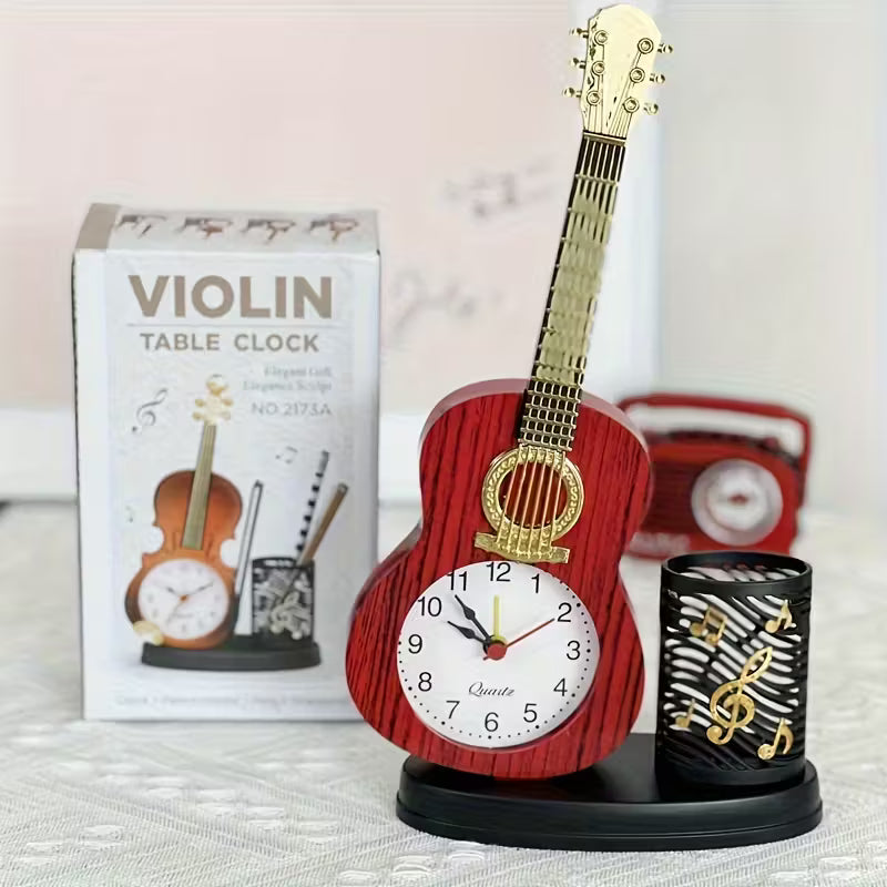 Violin Shaped Alarm Clock with Pen Holder Unique Home and Bedroom Clock Decor