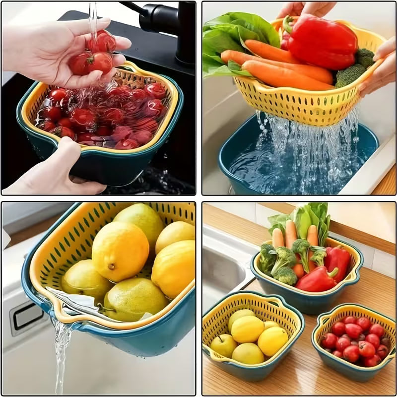 3PCS Fruit & Vegetable Washing Drain Basket Set for Kitchen Cleaning & Draining