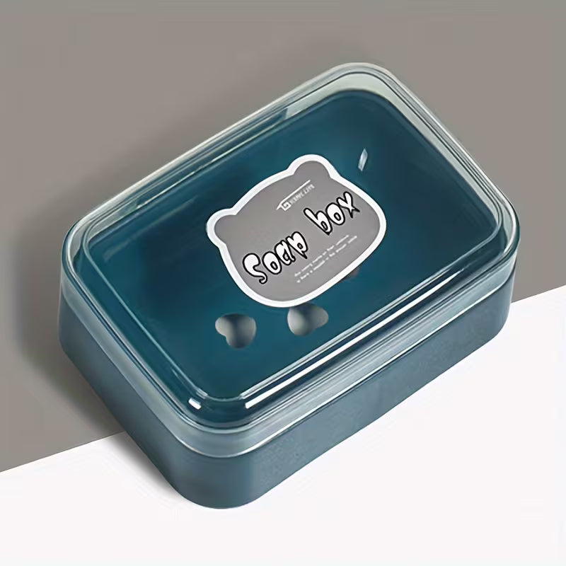 Cute Bear Flip Top Soap Dish with Drainage Tray Creative Plastic Soap Holder