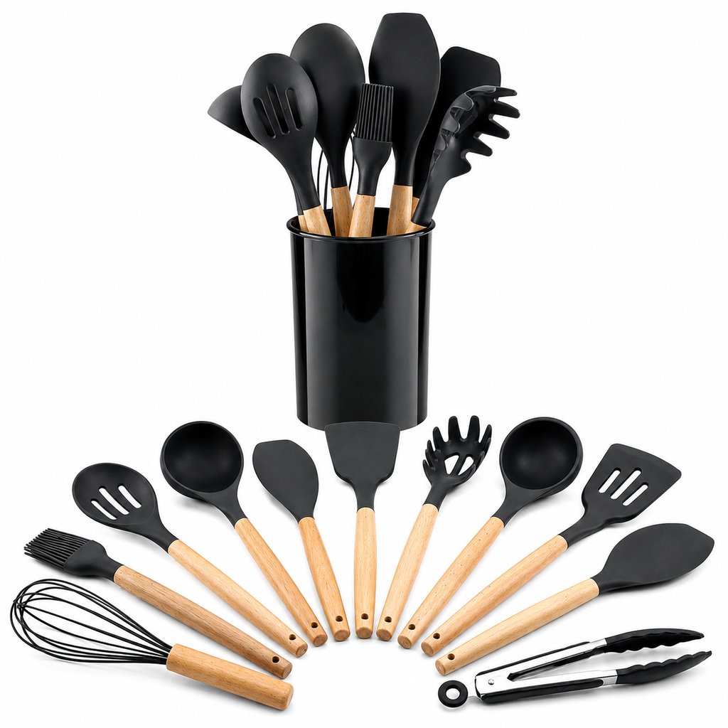 11PCS Silicone Kitchen Utensil Set with Wooden Handles Heat Resistant Non Stick Cooking Tools