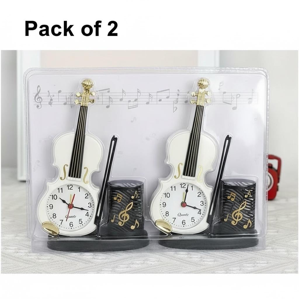 Creative Unique Violin Shaped Alarm Clock with Pen Holder Pack of 2