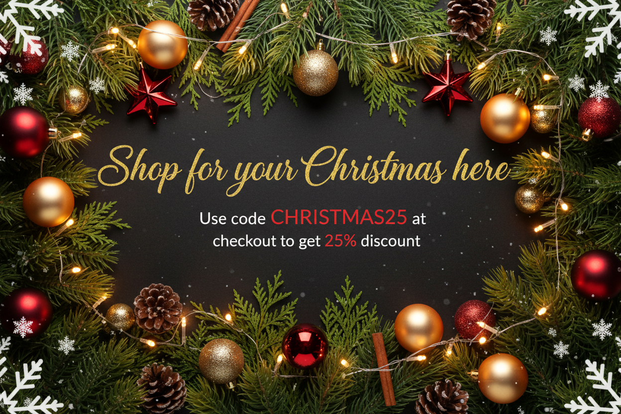 Create a christmas theme image for cover or header write Shop for your Christmas here Use code CHRISTMAS25 at check to get 25% discount.