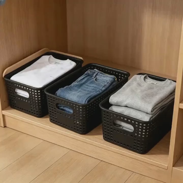Black Stackable Storage Bins with Bamboo Lids Plastic Organiser Boxes for Home & Office