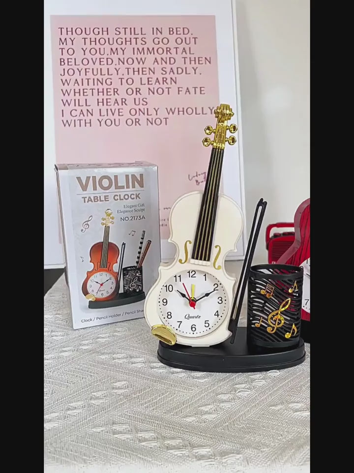 Violin Shaped Alarm Clock with Pen Holder Unique Home and Bedroom Clock Decor